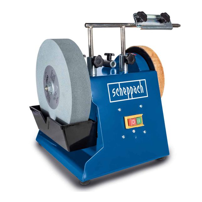 Scheppach whetstone grinder featuring two grinding wheels and one polishing wheel. Ideal for sharpening and polishing tools and materials.